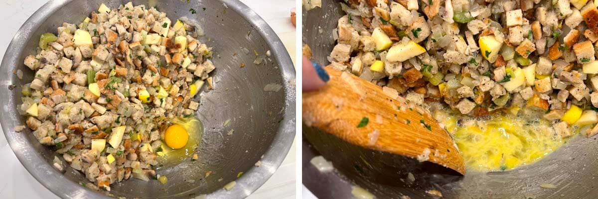 egg in bowl of stuffing, whisked egg in the bowl