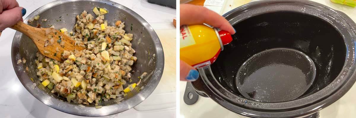 bowl of stuffing mixture, spraying the crock