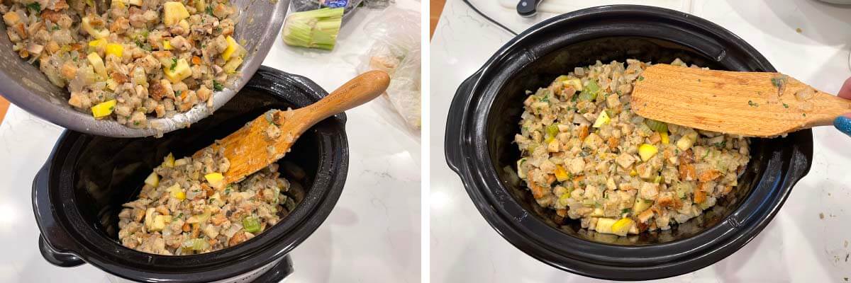 adding easy slow cooker stuffing to crock, smoothed out stuffing in crock