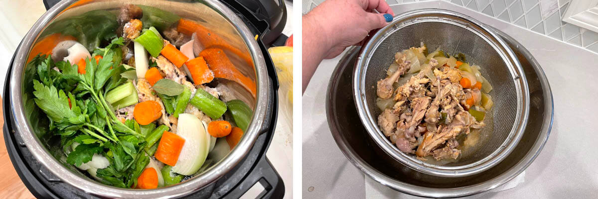 chicken bones and vegetables in the pot. strained bones and vegetables