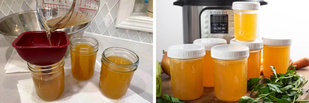 pouring broth into jars, stack of jars with broth in them