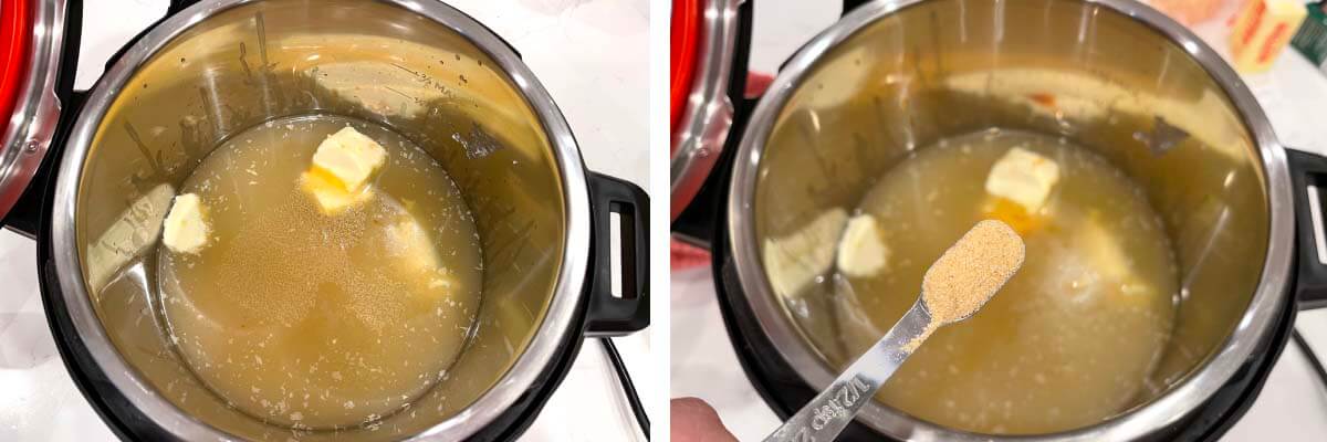 broth and butter in pot, garlic powder to pot