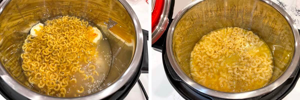pasta and liquid in pot, pasta stirred in
