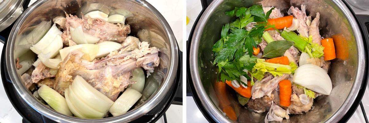 turkey carcass and veggies in the pot before cooking