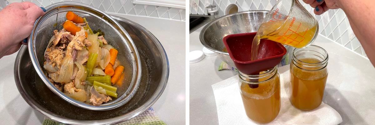 Instant Pot Turkey Broth being strained, then jars being filled with the turkey broth