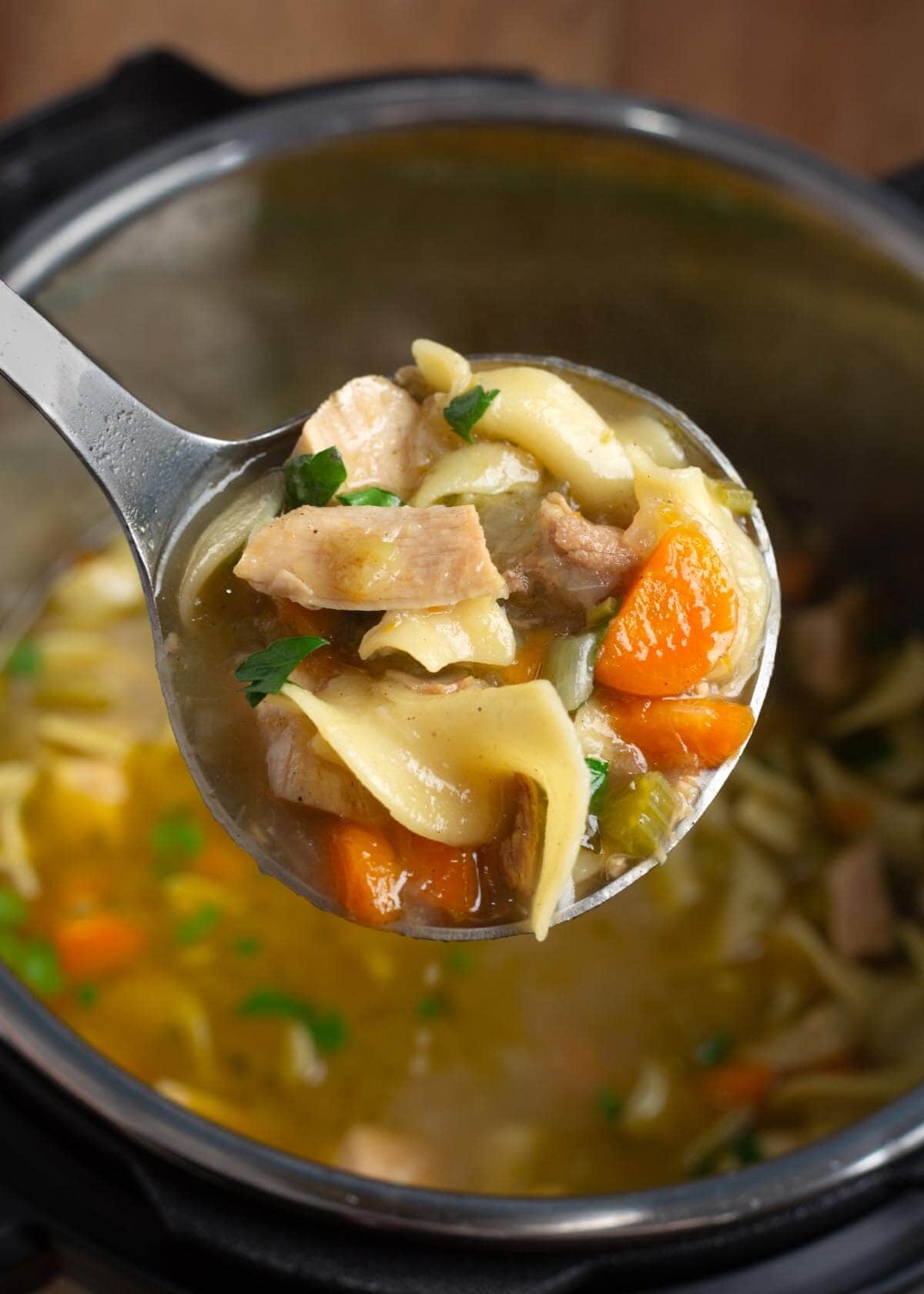 Instant Pot Turkey Soup in a ladle
