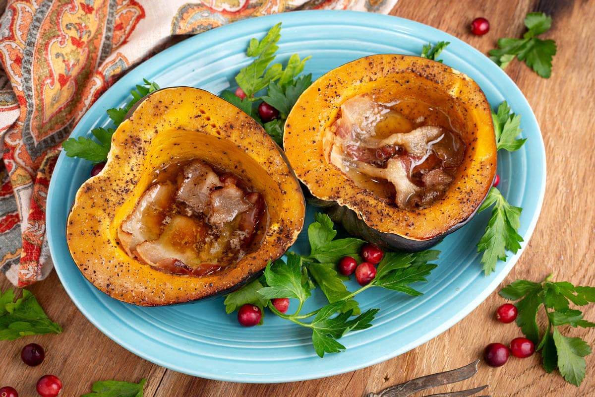 blue plate with acorn squash