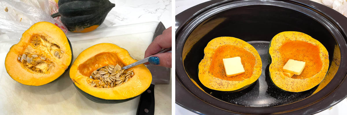 scooping seeds from squash with spoon, squash halves in crock with butter