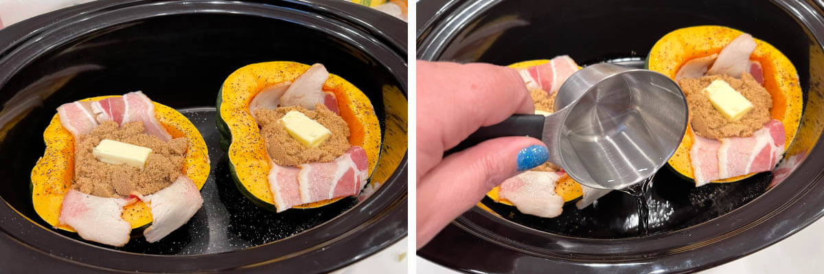 squash halves with bacon, butter, brown sugar in crock