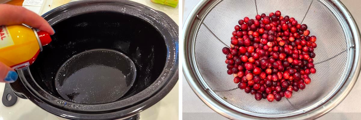 spraying the crock, cranberries in strainer