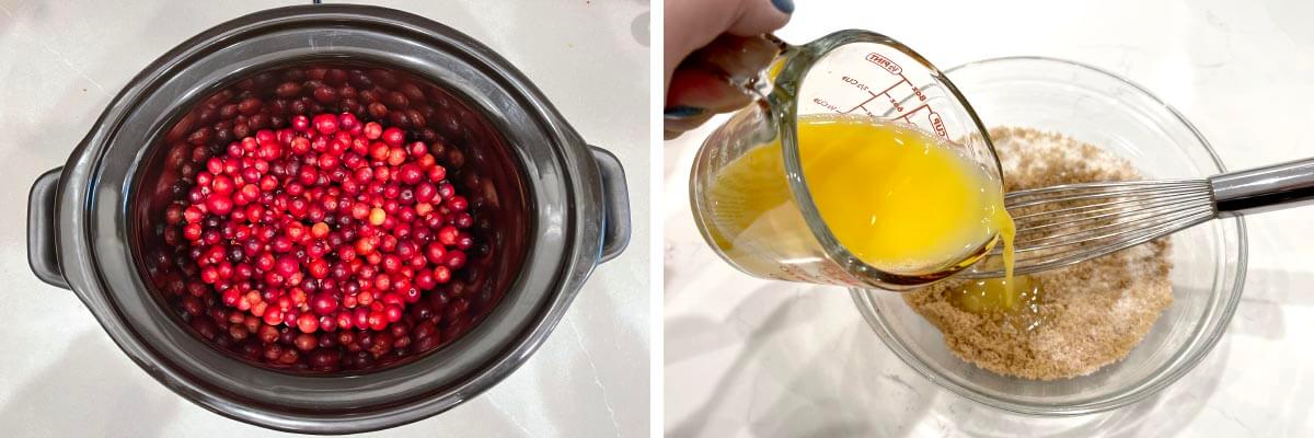 cranberries in crock, adding OJ to sugar