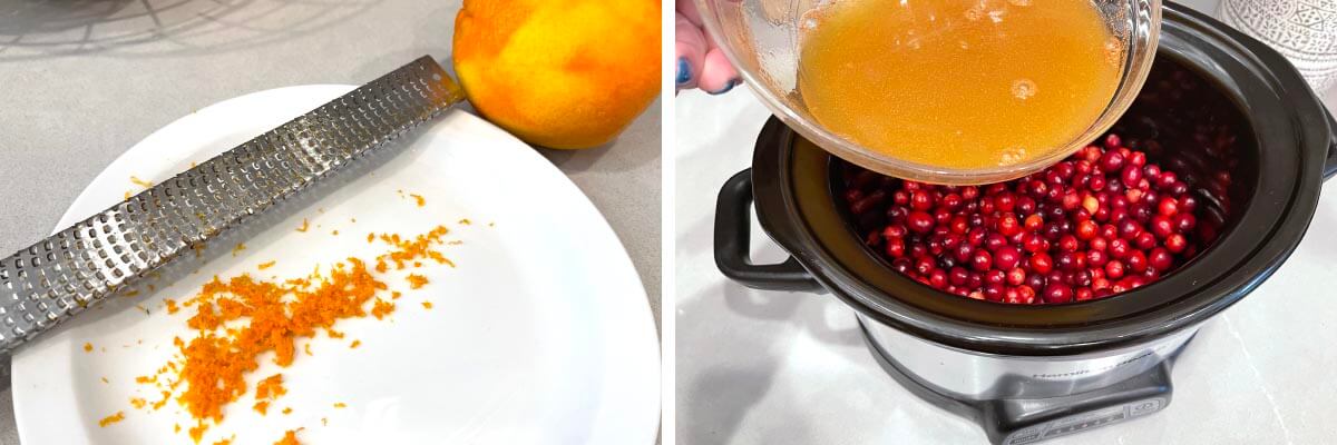 grated orange peel on white plate, adding sugar juice to berries