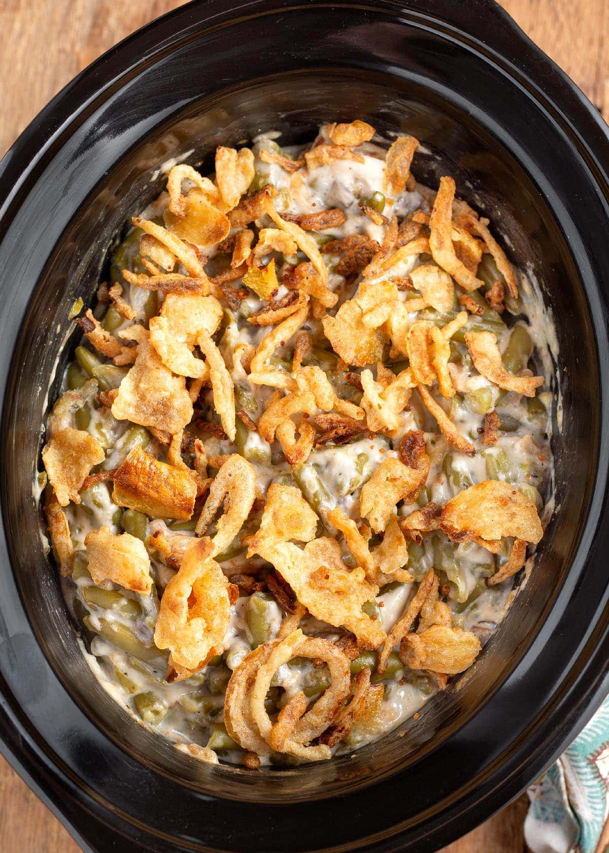 Slow Cooker Green Bean Casserole in black crock