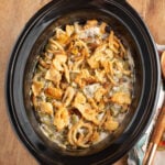 Slow Cooker Green Bean Casserole in a black crock