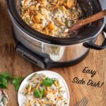 Slow Cooker Green Bean Casserole on white plate and in crockpot
