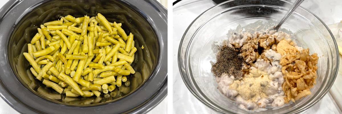 green beans in the crock, mixing bowl with ingredients