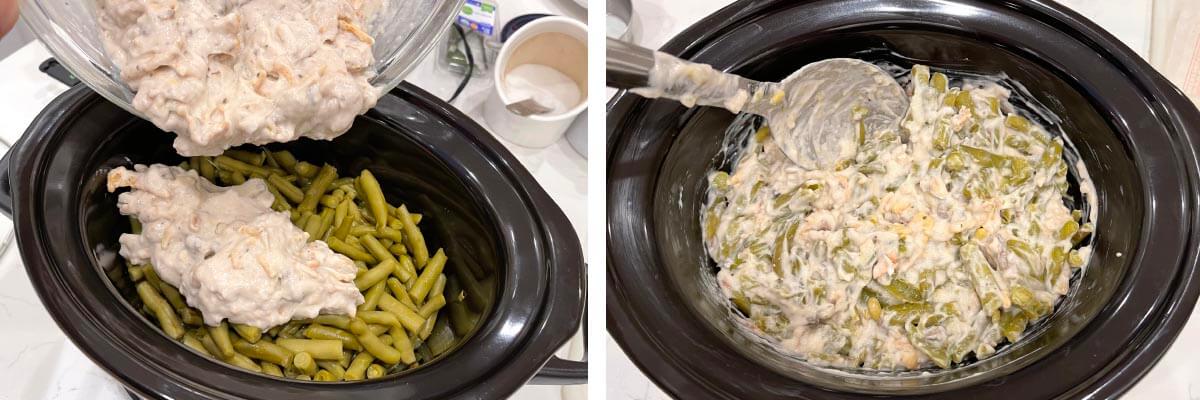 pouring soup mixture over beans, mixed up beans and soup