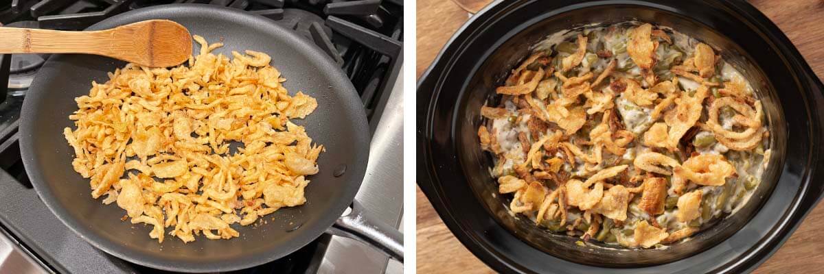 frying onions, finished dish in crock