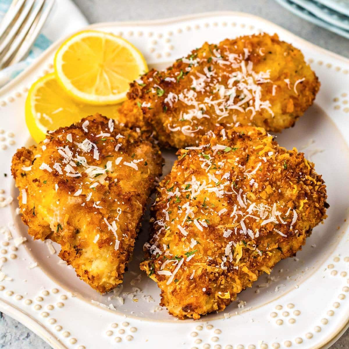 Air Fryer Parmesan Crusted Chicken on a white plate