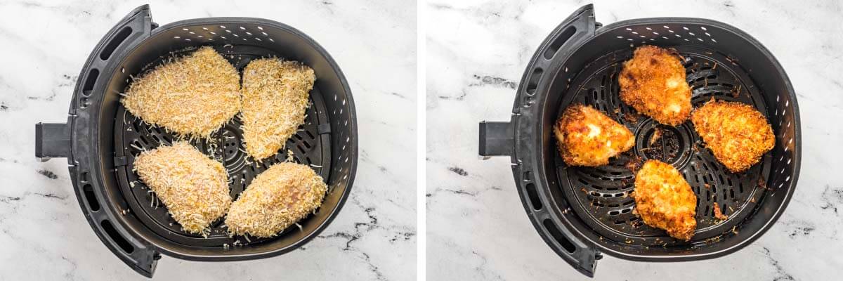 Air Fryer Parmesan Chicken in air fryer basket uncooked, chicken in air fryer basket cooked