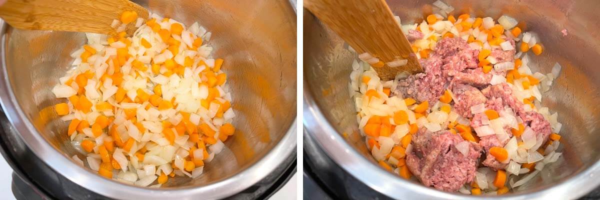 onions and carrots in pot, meat added to pot