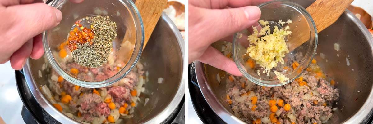 spices being added to pot, garlic being added to pot