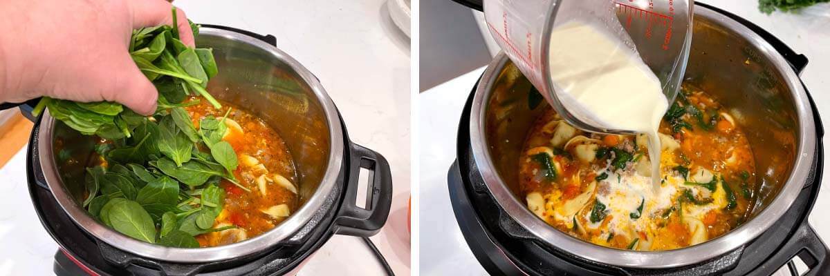 adding spinach to soup, cream being added to soup