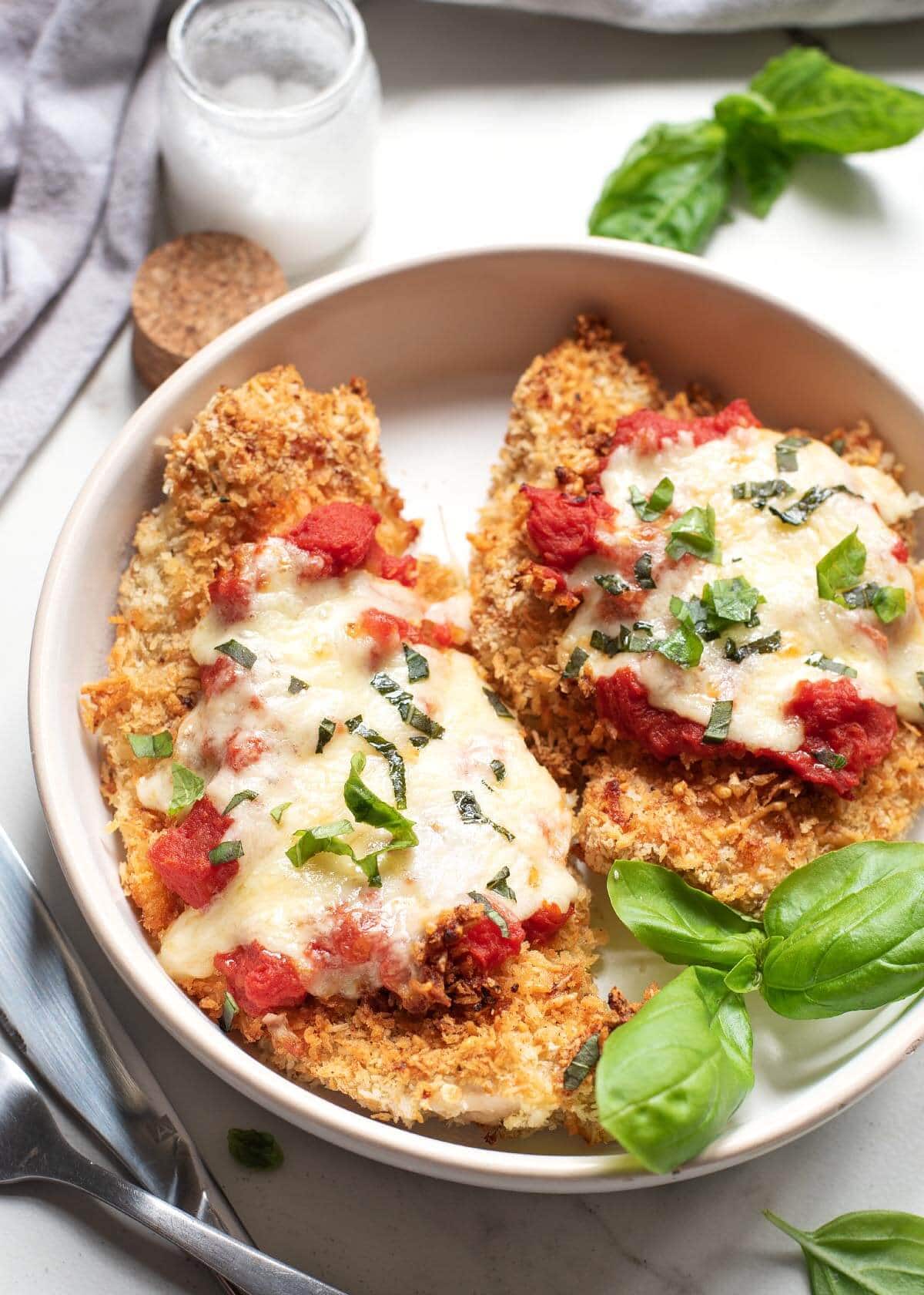 Air Fryer Chicken Parmesan on a white plate