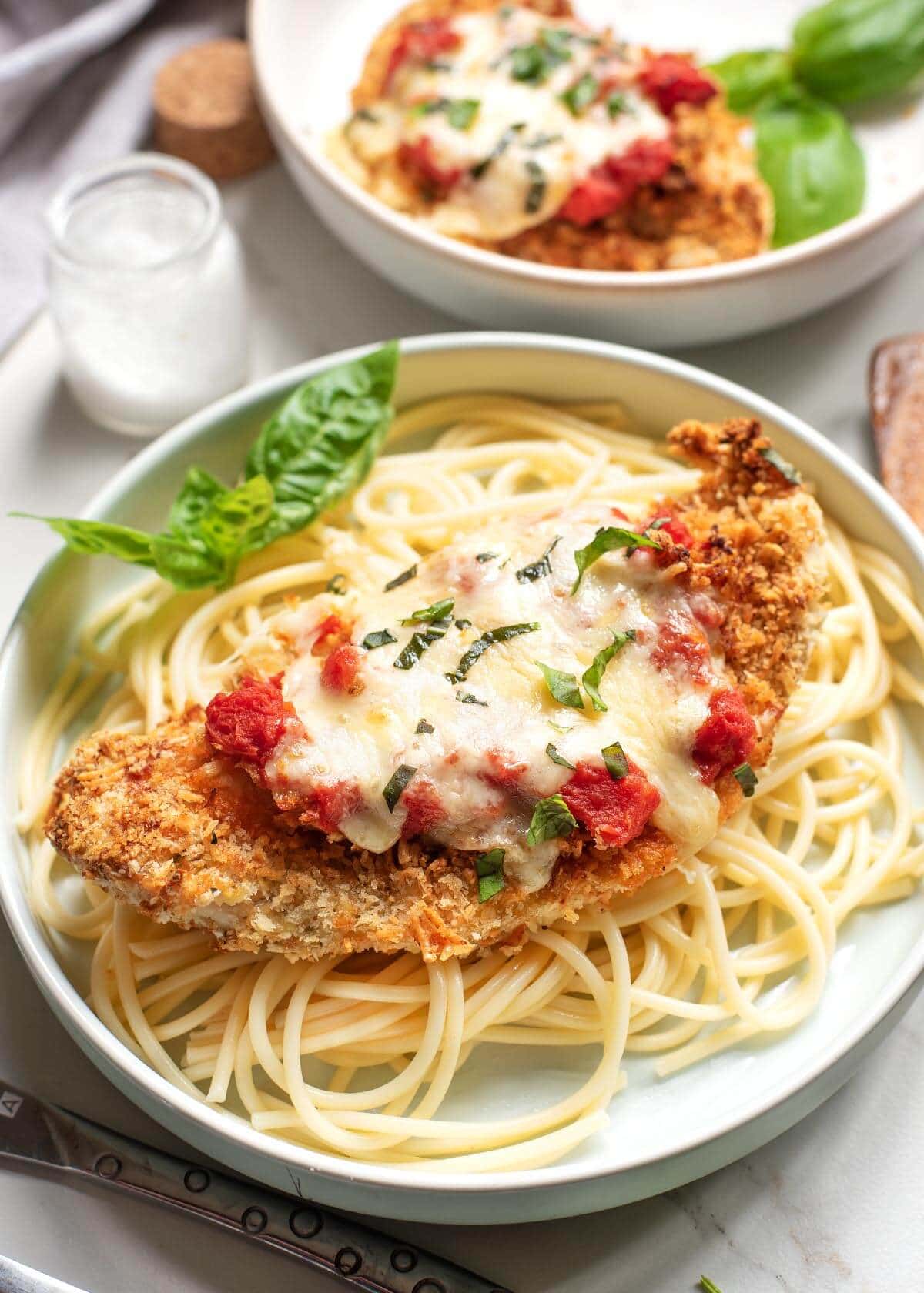 Air Fryer Chicken Parmesan on noodles