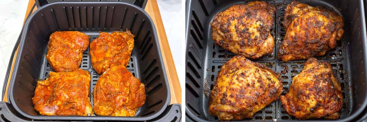 4 raw chicken thighs in air fryer basket, 4 cooked chicken thighs in air fryer basket