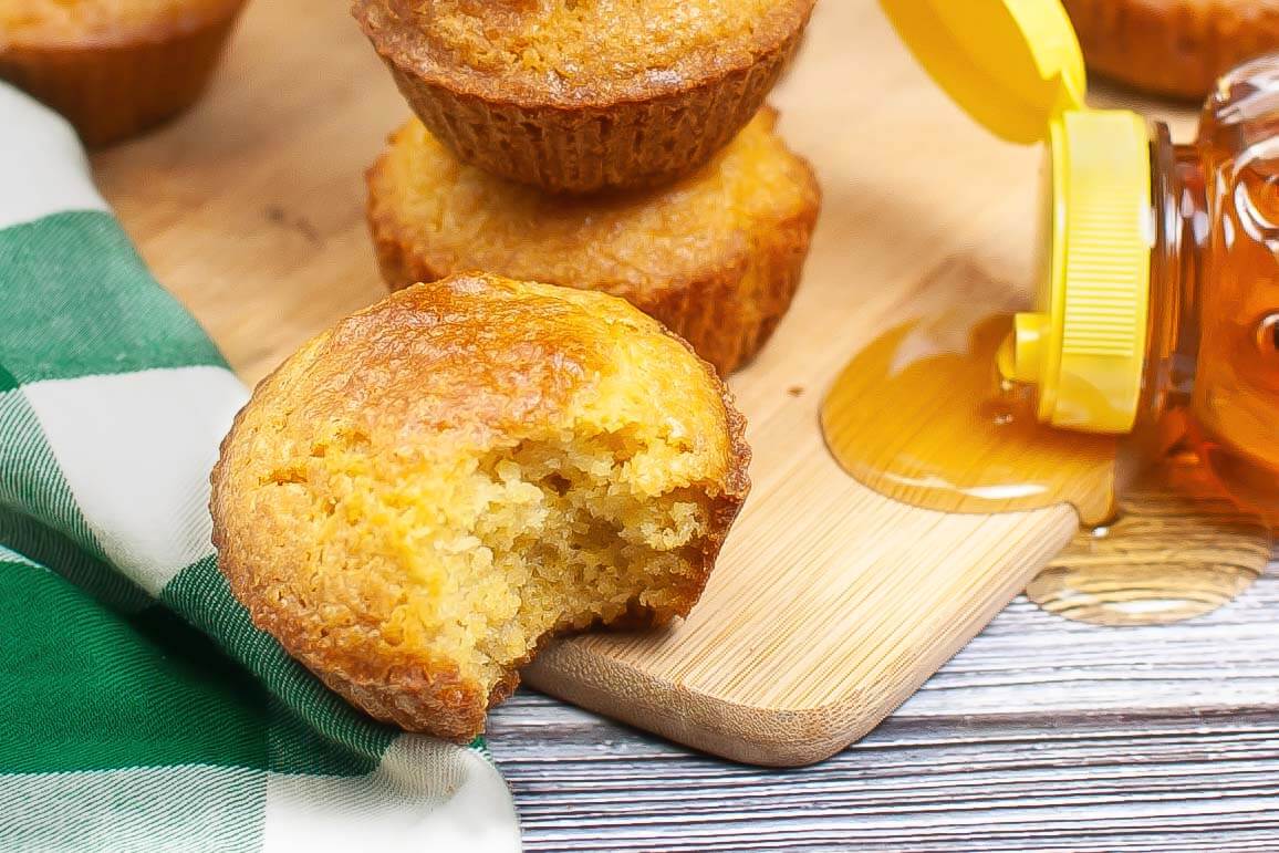 Air Fryer Cornbread Muffin with a bite out of it