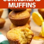 Air Fryer Cornbread Muffins in a stack and with a bite out of it