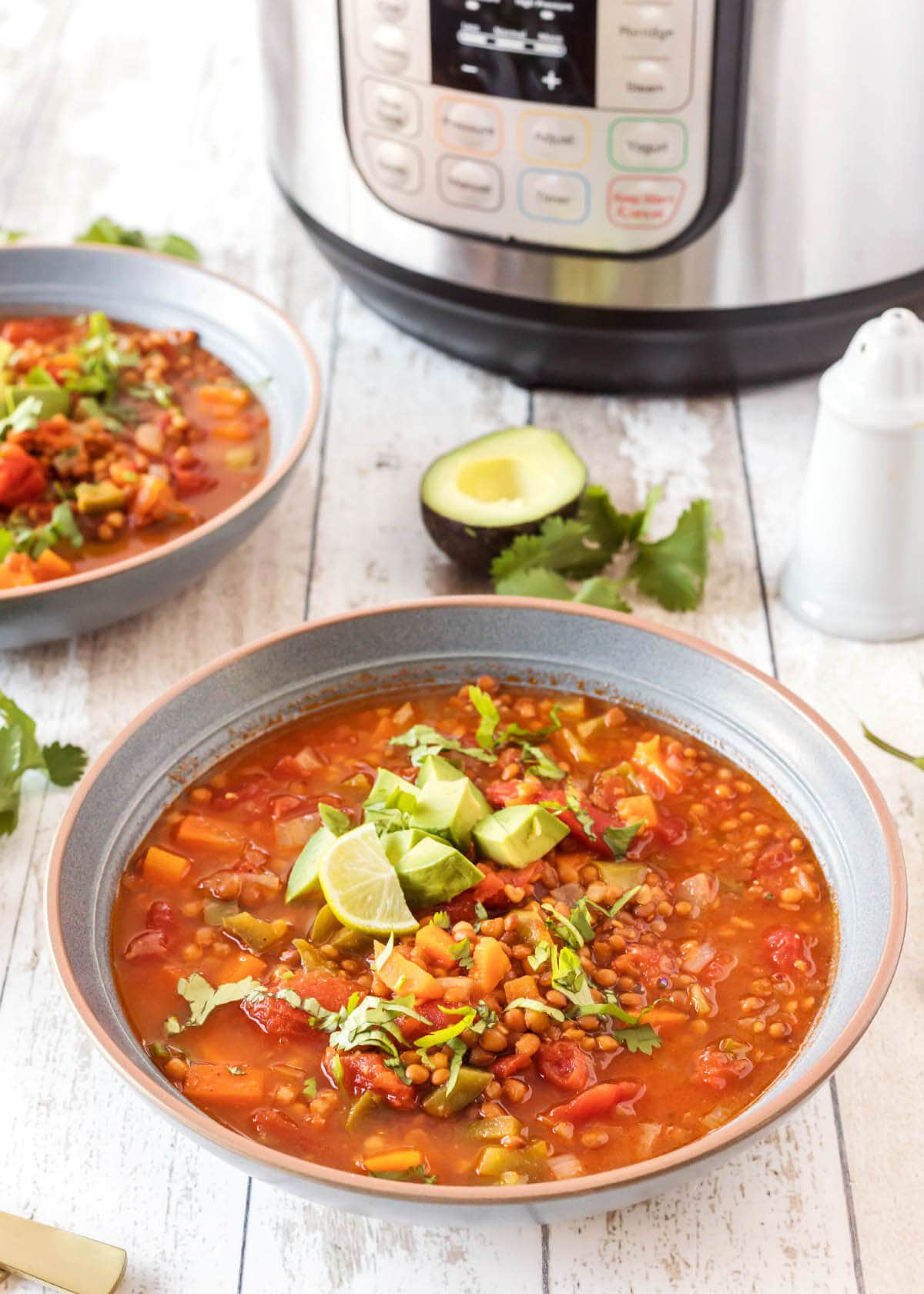 chili in a grey bowl in front of IP