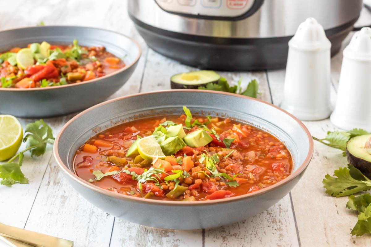 chili in a grey bowl in front of IP