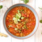 Instant Pot Lentil Chili in a grey bowl