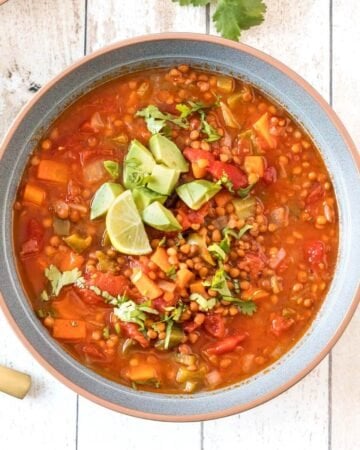 Instant Pot Lentil Chili in a grey bowl