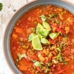 Instant Pot Lentil Chili in grey bowl