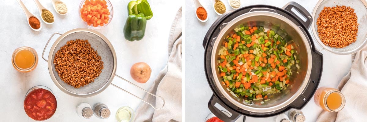 Instant Pot Lentil Chili ingredients, sautéing vegetables