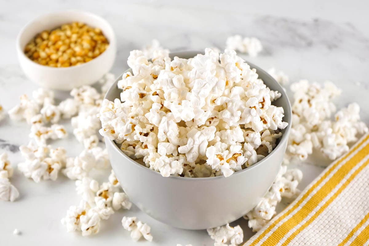 Instant Pot Popcorn in a grey bowl