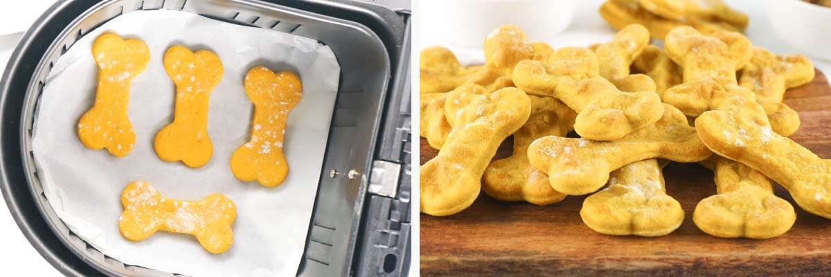 cut dough pieces in air fryer basket, cooked treats in a pile