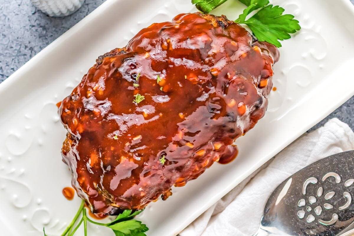 Air Fryer Meatloaf on a white platter