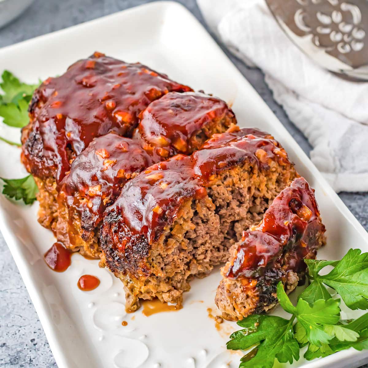 Air Fryer Meatloaf on a white plate