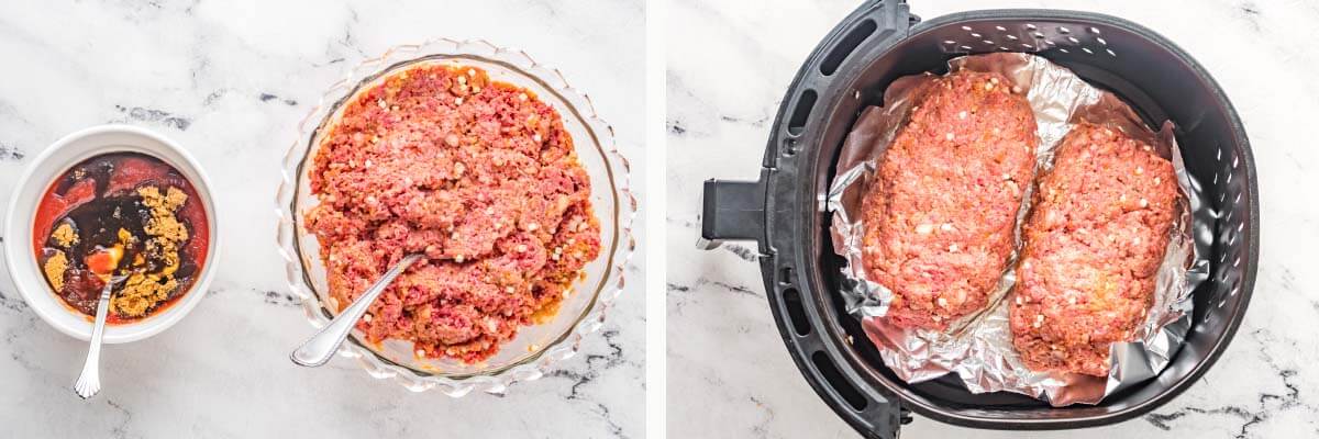 meatloaf mixture in a bowl, raw meatloaf in air fryer basket