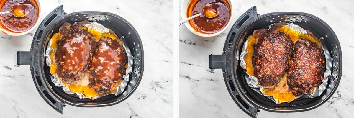 meatloaf in air fryer basket with sauce