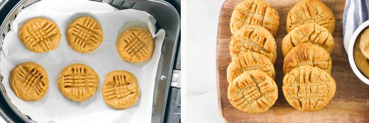 raw cookies in air fryer basket, cookies on a board