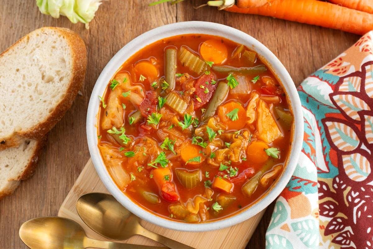 Cabbage Soup in a white bowl