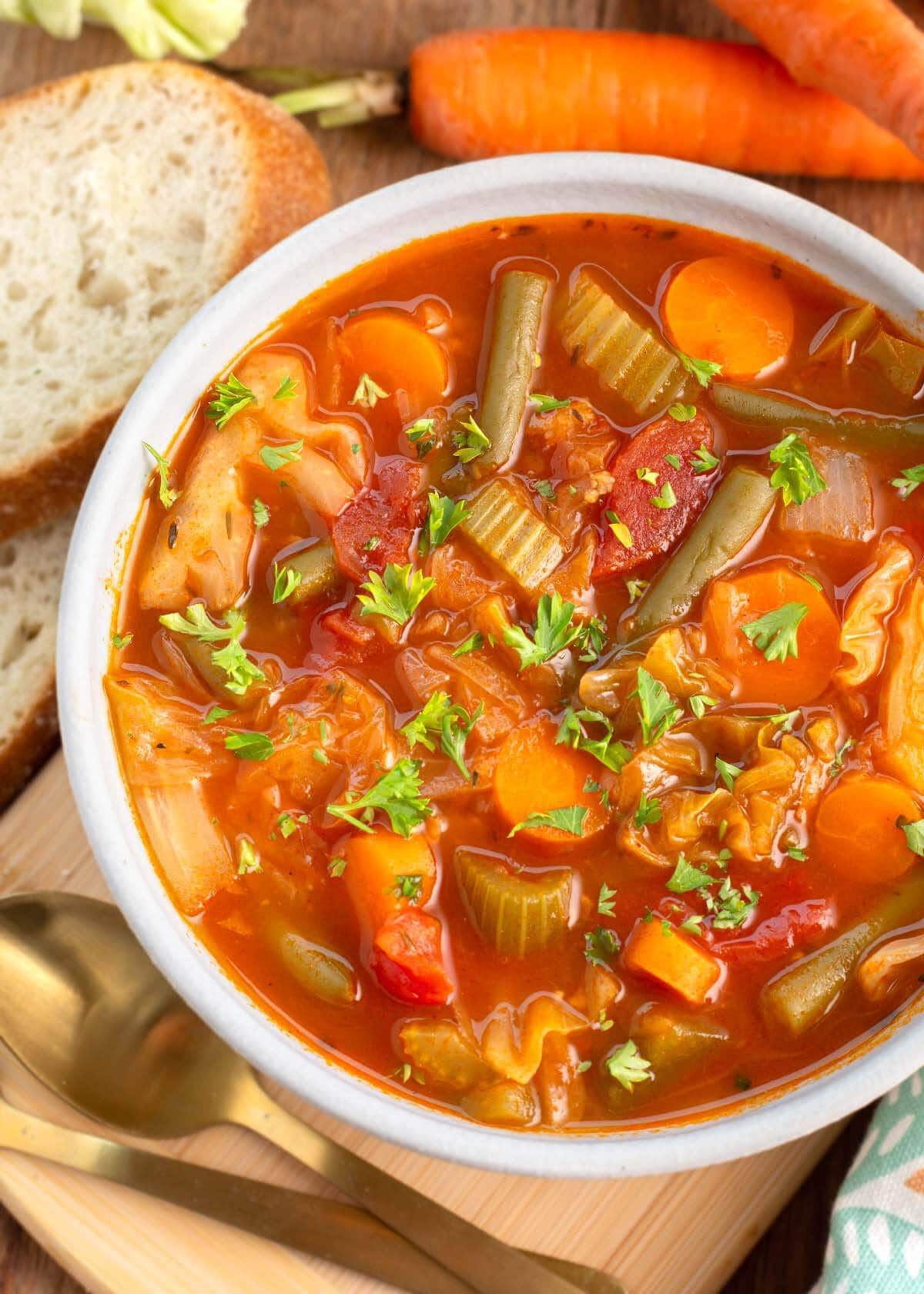 Cabbage Soup in white bowl.