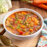 Instant Pot Cabbage Soup in white bowl.