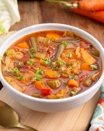 Instant Pot Cabbage Soup in white bowl.