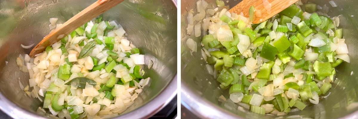 sautéing vegetables in pot.